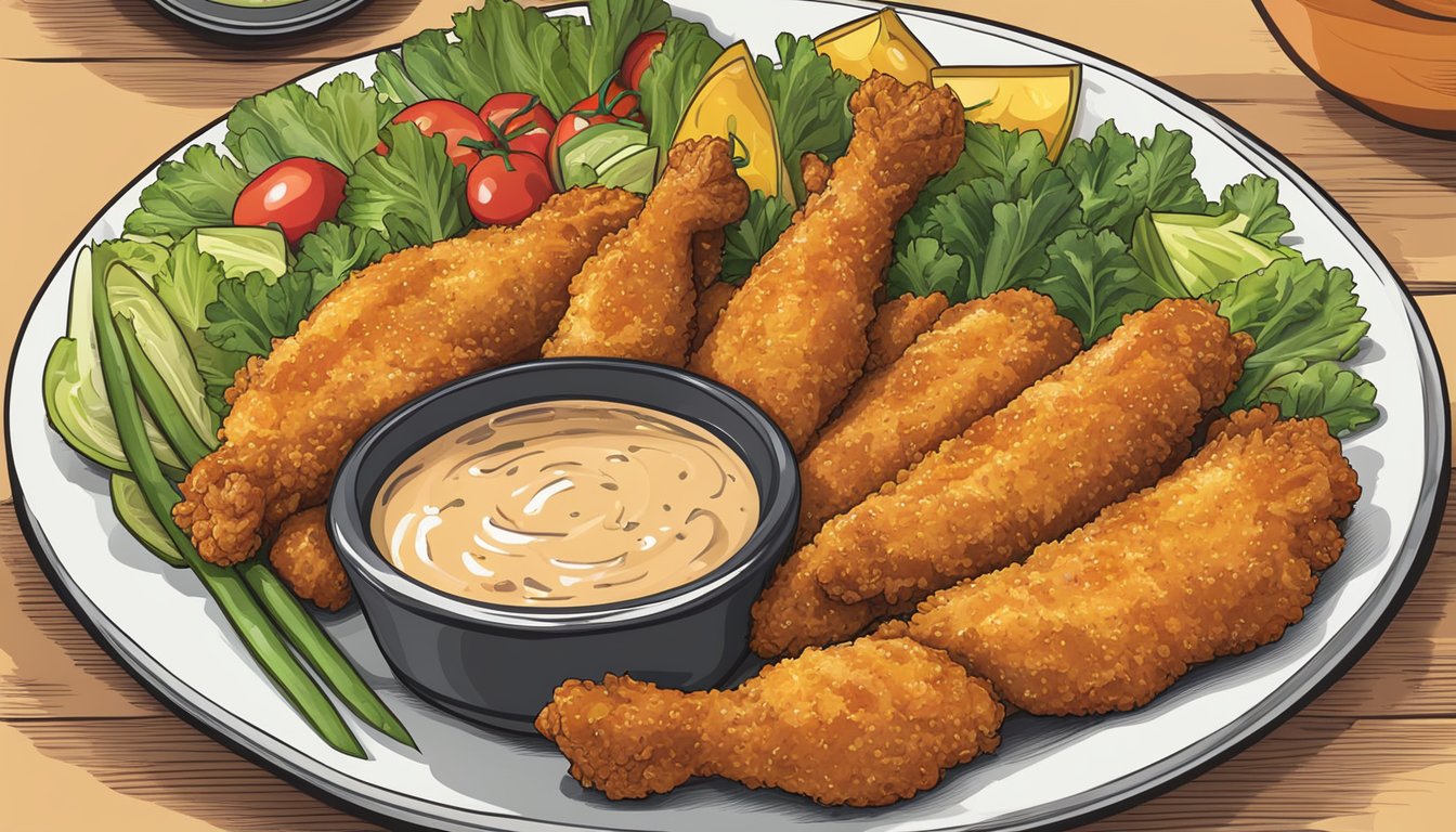 A plate of golden-brown chicken tenders surrounded by vibrant, fresh vegetables and a side of spicy dipping sauce