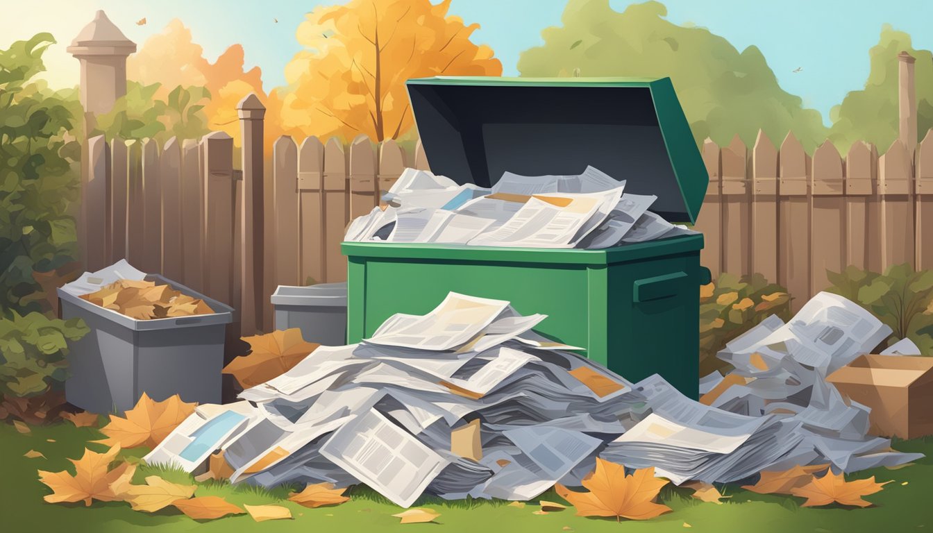 A pile of junk mail, newspapers, and cardboard sitting next to a compost bin in a backyard garden. Fallen leaves and food scraps are also nearby