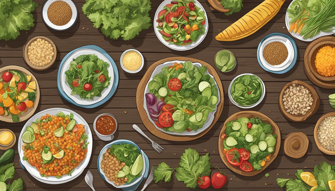 A colorful array of fresh salads, grilled vegetables, and whole grain sides displayed on a rustic wooden table