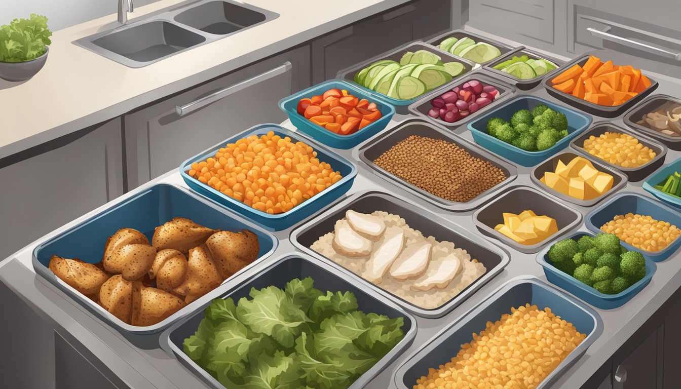 A kitchen counter with neatly organized containers of grilled chicken, fresh vegetables, and whole grains for meal prep and storage