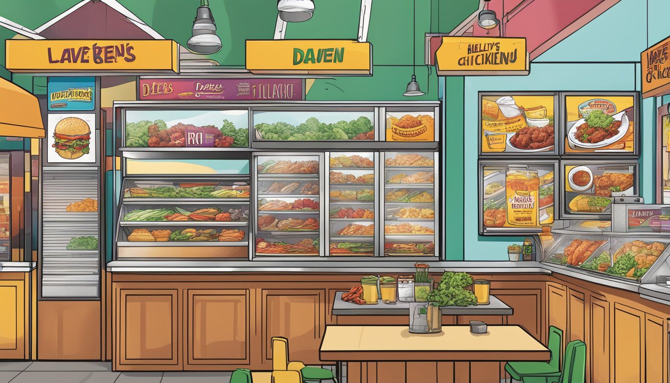 A colorful menu board displays a variety of healthy options alongside Dave's Hot Chicken offerings