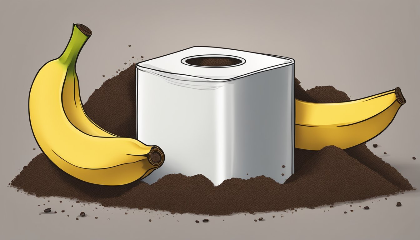 A kitchen roll sits on top of a compost bin, surrounded by banana peels and coffee grounds