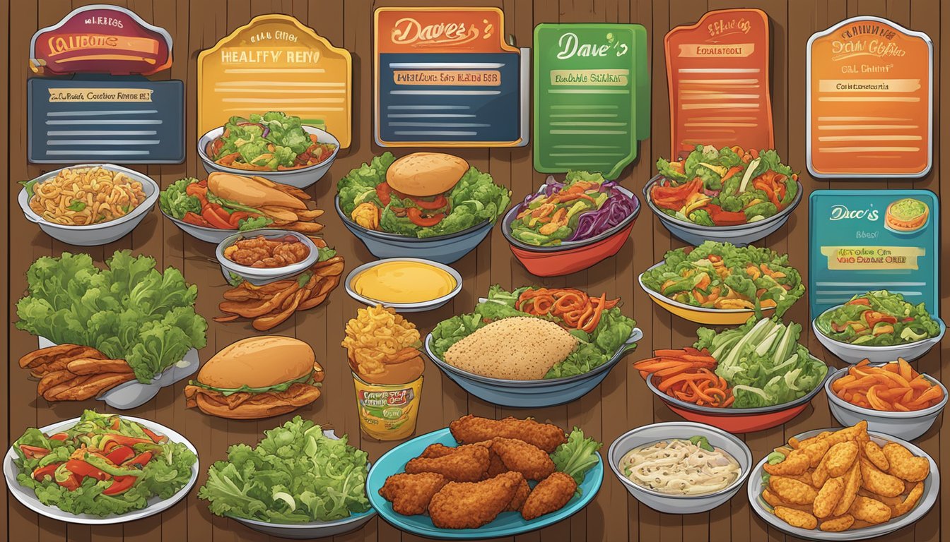 A colorful menu board with various healthy options at Dave's Hot Chicken, including salads, grilled chicken, and vegetable sides