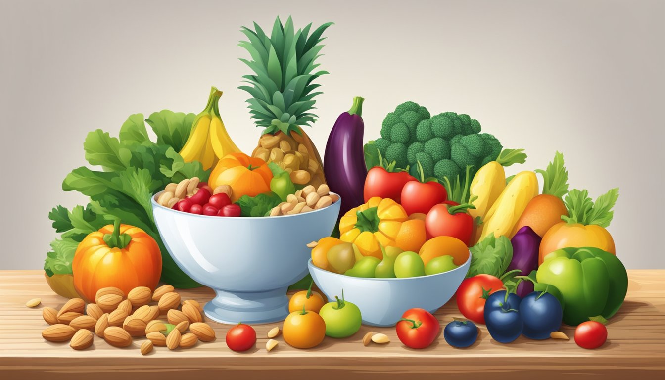 A colorful array of fresh fruits and vegetables arranged on a wooden table, with a bowl of mixed nuts and a glass of water nearby