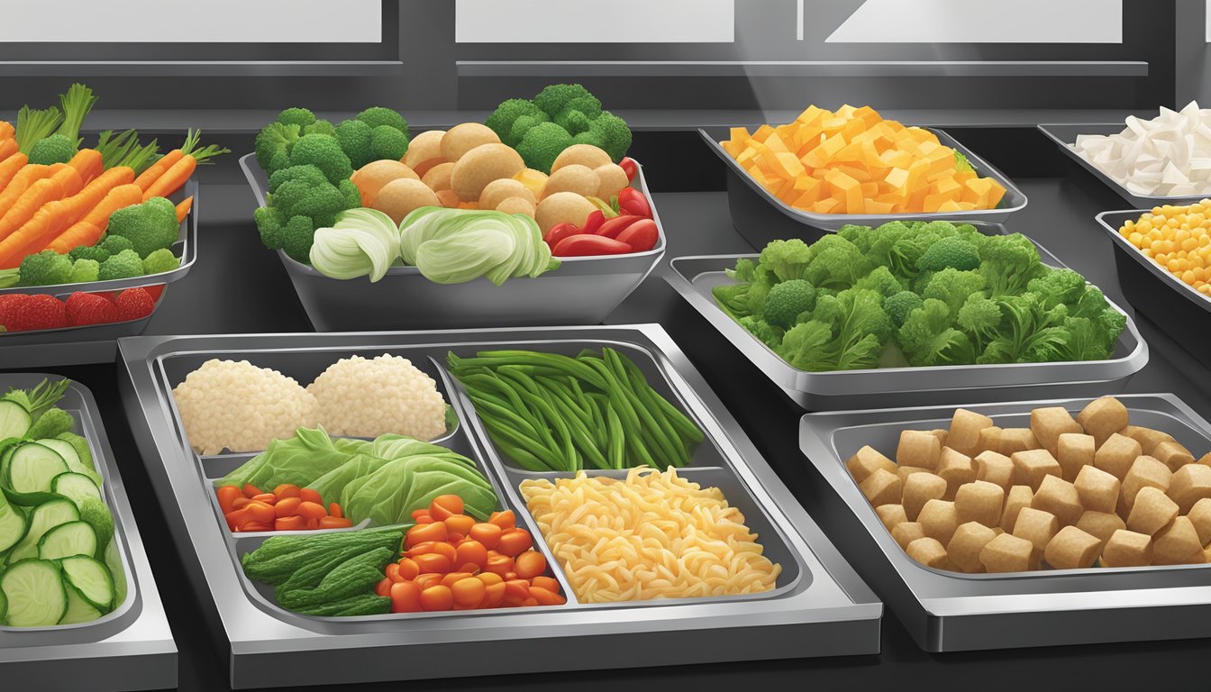 A colorful array of fresh vegetables and lean protein options displayed on a clean, modern serving counter at Panda Express