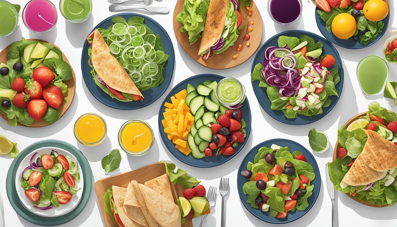 A colorful array of fresh salads, sandwiches, and wraps spread out on a clean, modern table setting at McAlister's, with vibrant fruits and vegetables accenting the healthy menu options