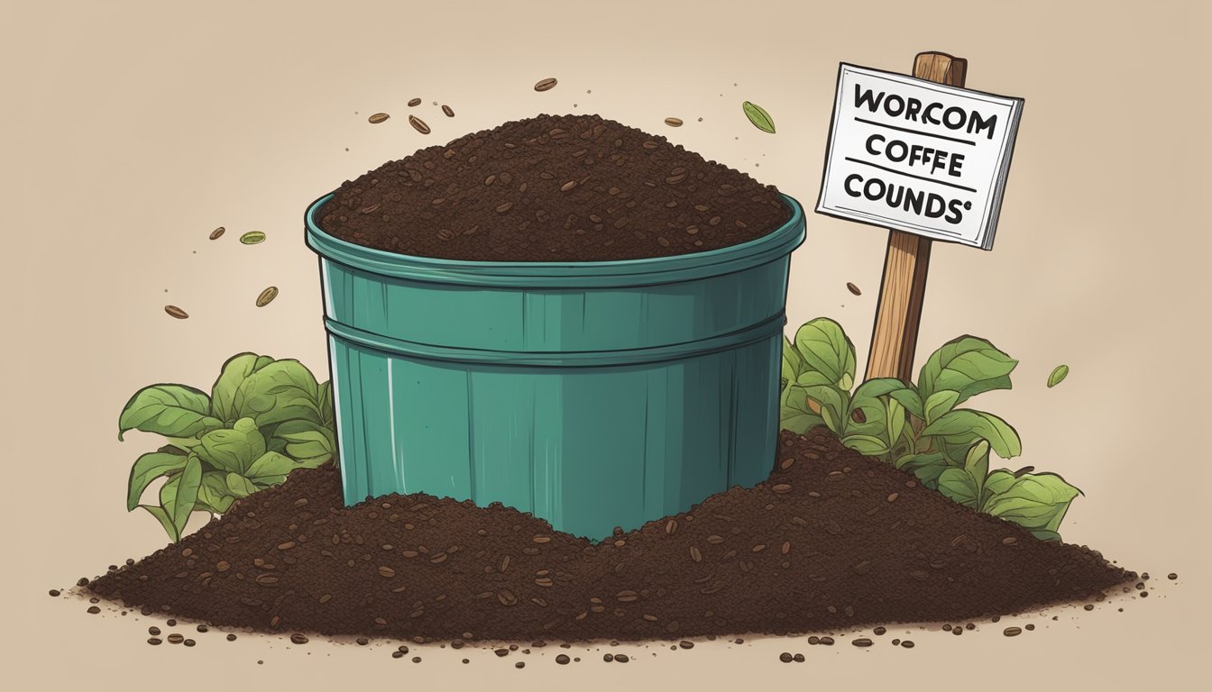 A pile of coffee grounds and worms in a compost bin, with a sign reading "Worm Composting with Coffee Grounds."