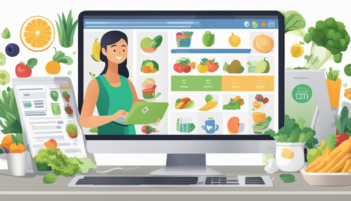 A person accessing a computer with healthy food options displayed on the screen, surrounded by membership benefits icons