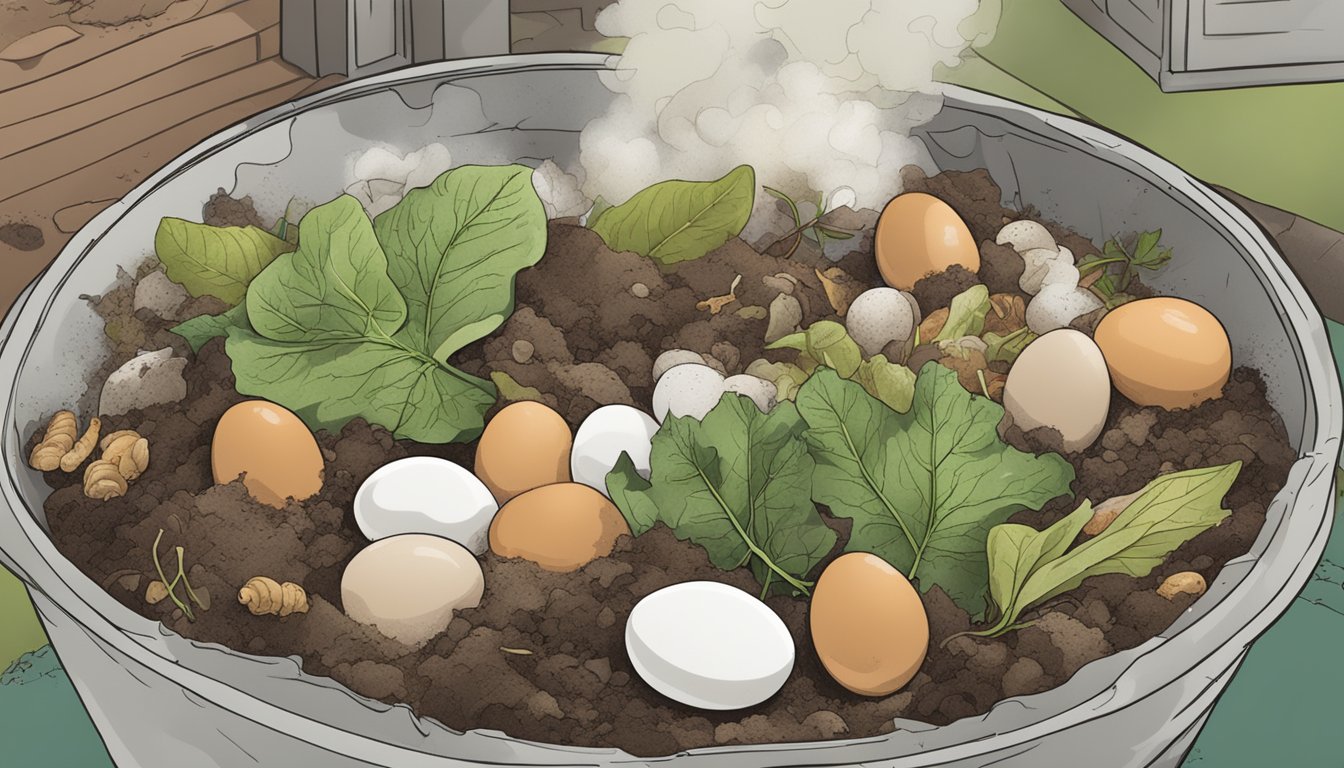 A pile of compostable materials, including hard-boiled eggs, surrounded by a mix of leaves, food scraps, and soil. Steam rises from the pile, indicating the decomposition process