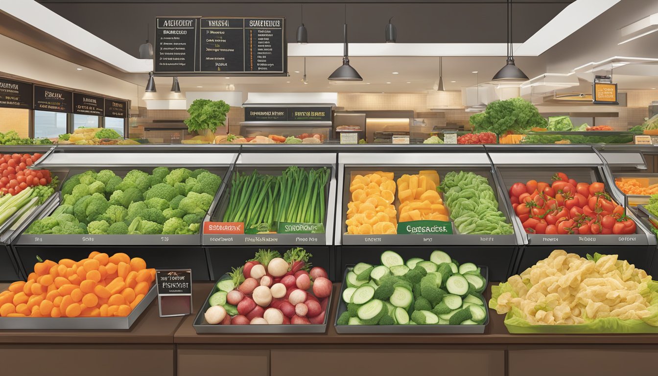 A colorful display of fresh vegetables and lean proteins at McAlister's, with clear signage for low-fat and low-sodium options