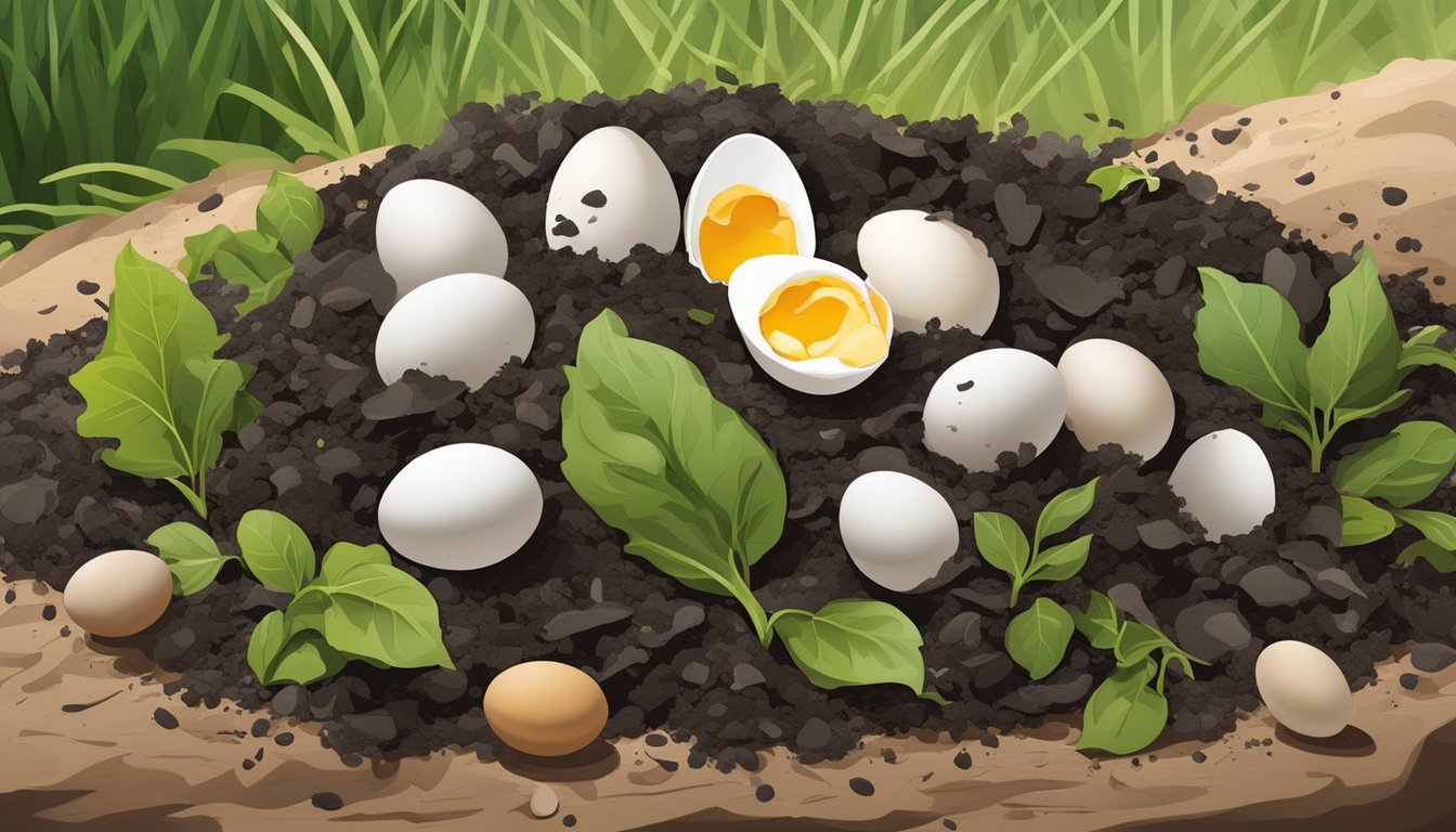 A pile of compost with eggshells and hard boiled eggs decomposing. Greenery and soil surrounding the pile