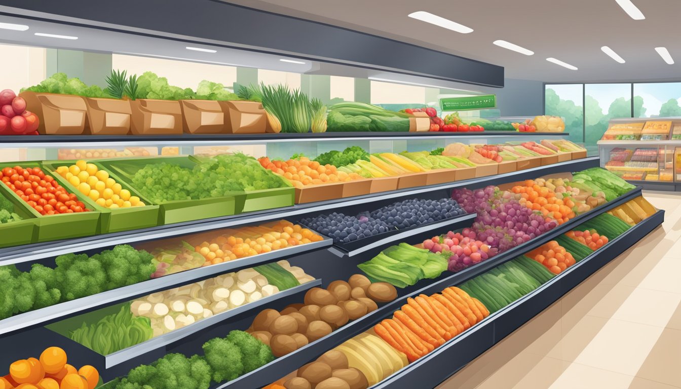 A modern grocery store with a variety of fresh produce and healthy food options, with a digital login system for convenient shopping