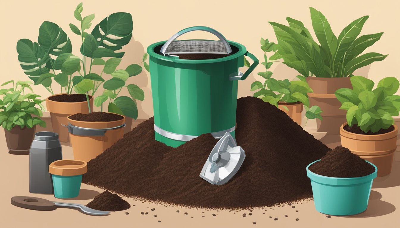 Coffee grounds and instant coffee in a compost bin surrounded by potted plants and indoor gardening tools