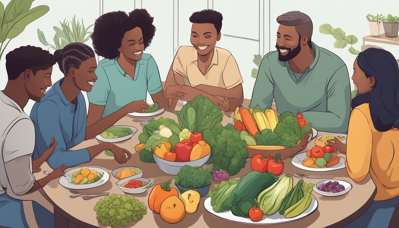 A diverse group of people gather around a table filled with fresh fruits and vegetables, engaging in conversation and offering support to one another