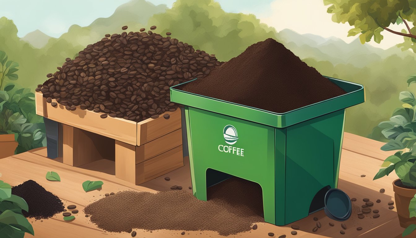 A pile of coffee grounds being mixed into a compost bin, alongside other organic materials