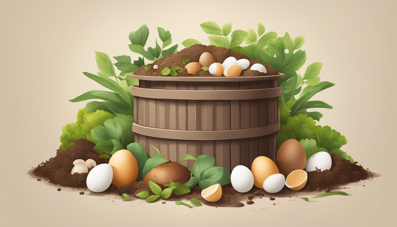 A compost bin with various food scraps, including hard boiled eggs, surrounded by a mix of brown and green organic materials