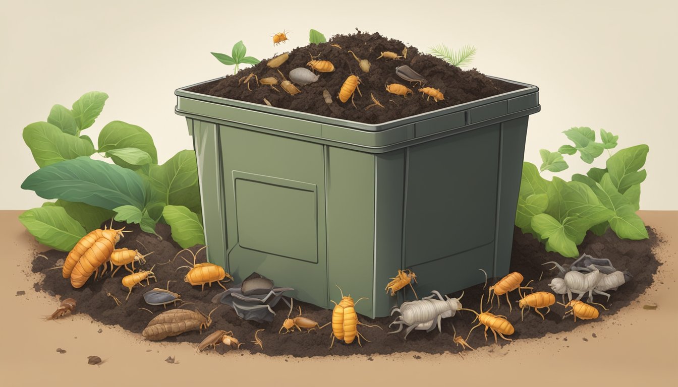 A compost bin filled with organic waste, including discarded joint roaches, surrounded by decomposing materials and earthworms