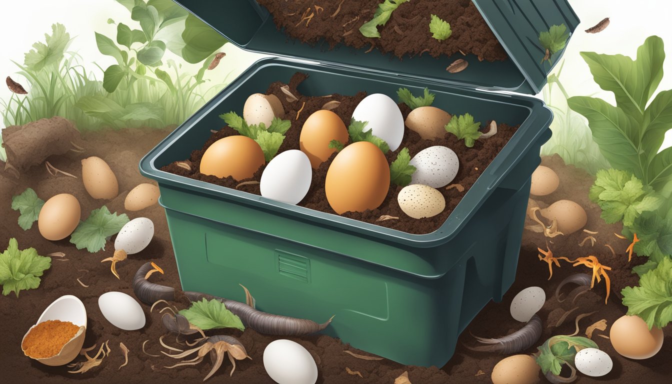 A compost bin with various food scraps, including hard boiled eggs, surrounded by earthworms and decomposing material