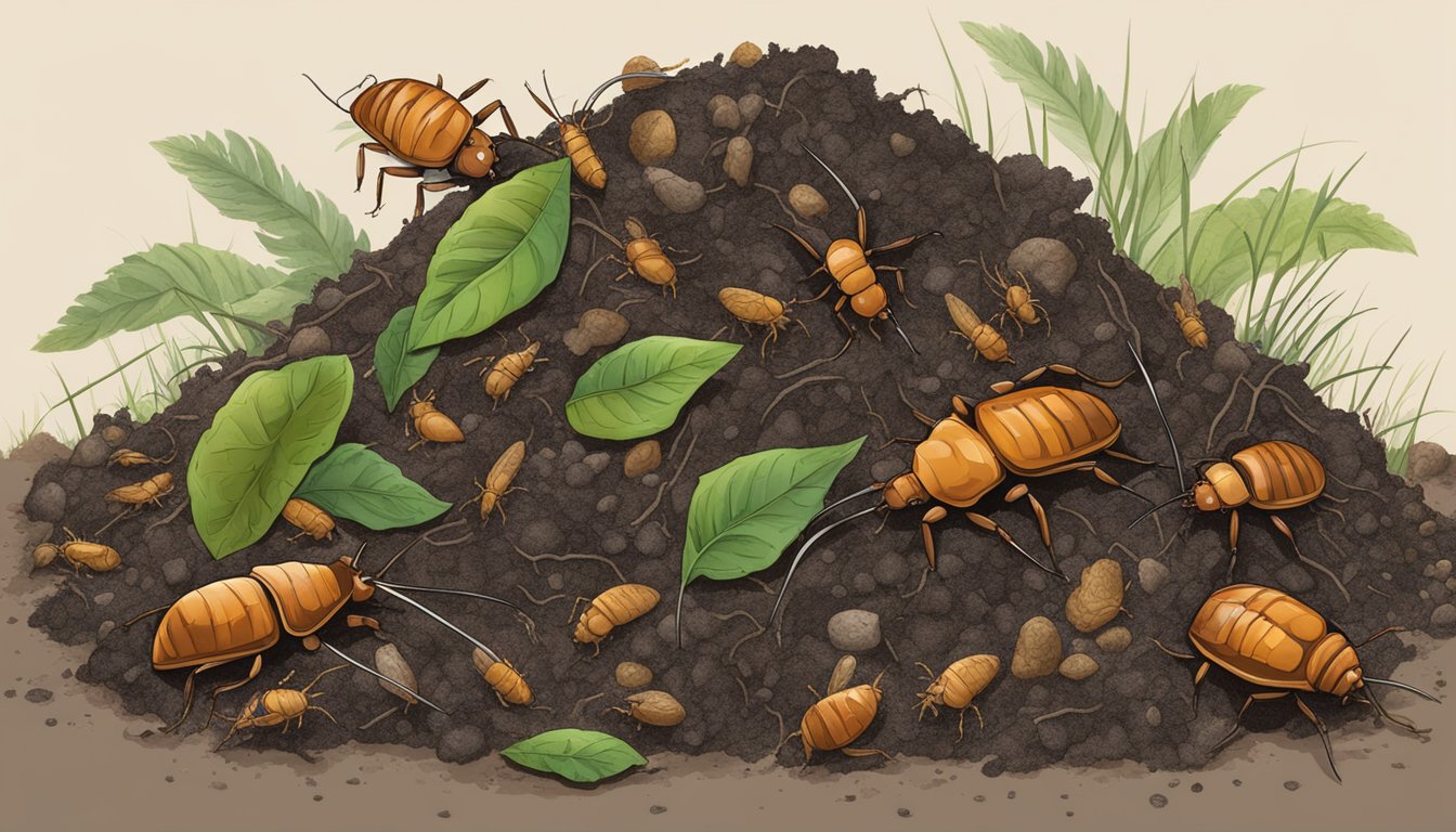 A compost pile with roaches crawling around decaying organic matter