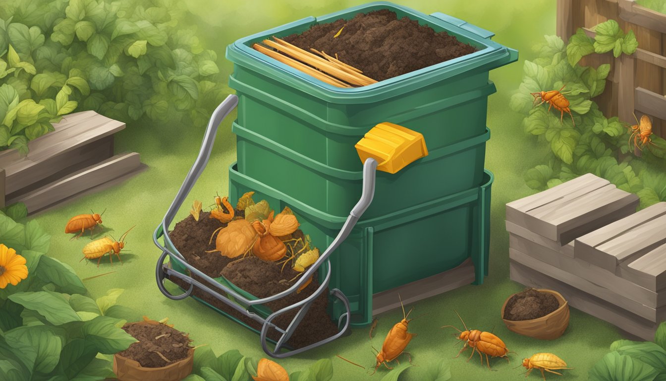 A compost bin with a variety of organic waste, including joint roaches, being turned and aerated by a pitchfork