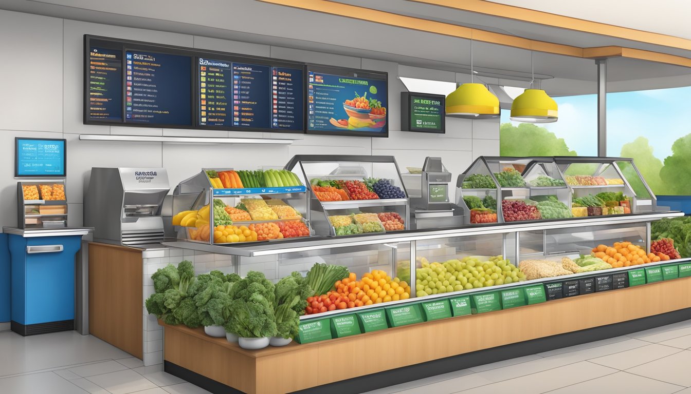 A colorful Dutch Bros kiosk with a variety of fresh fruits, vegetables, and other healthy ingredients displayed on the counter