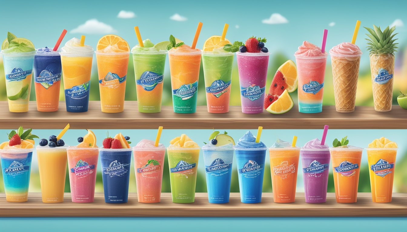 A colorful array of low-calorie drink options displayed on a menu board at Dutch Bros, surrounded by fresh fruits and vibrant ingredients