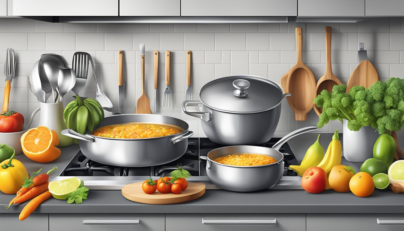 A kitchen countertop with an array of sleek, modern cookware and utensils, surrounded by fresh, vibrant fruits and vegetables