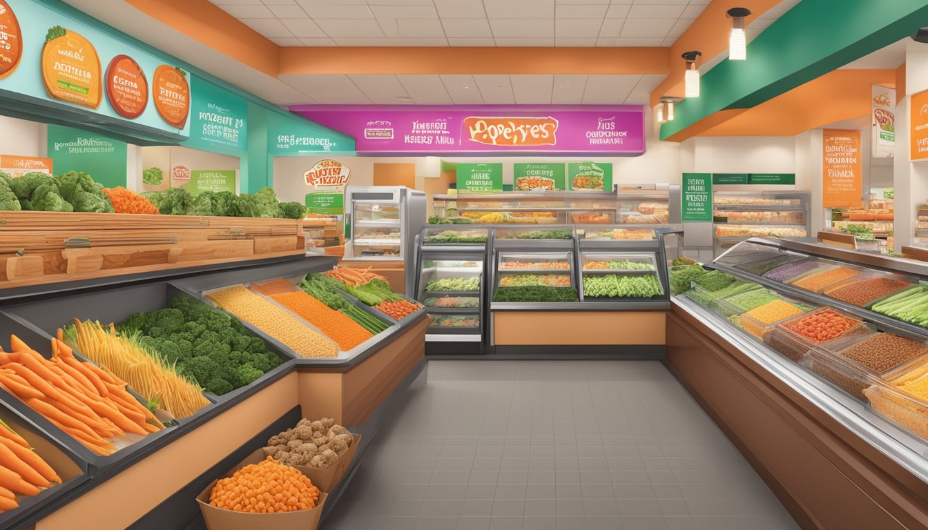 A colorful display of fresh vegetables and lean protein options at Popeyes Louisiana Kitchen, with vibrant signage promoting healthy choices