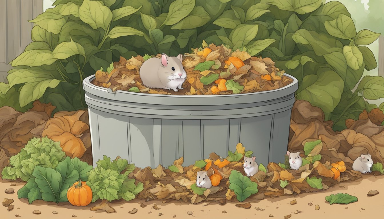 A small pile of used hamster bedding sits in a compost bin, surrounded by leaves and vegetable scraps. The bedding is starting to decompose, creating a rich, earthy smell