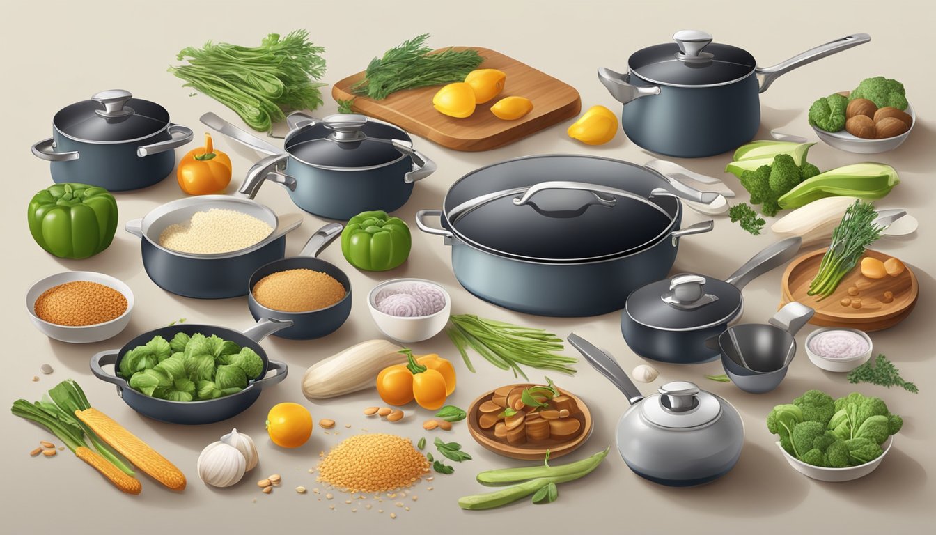 A collection of cookware sets and individual pieces arranged on a kitchen countertop, with various healthy food ingredients scattered around