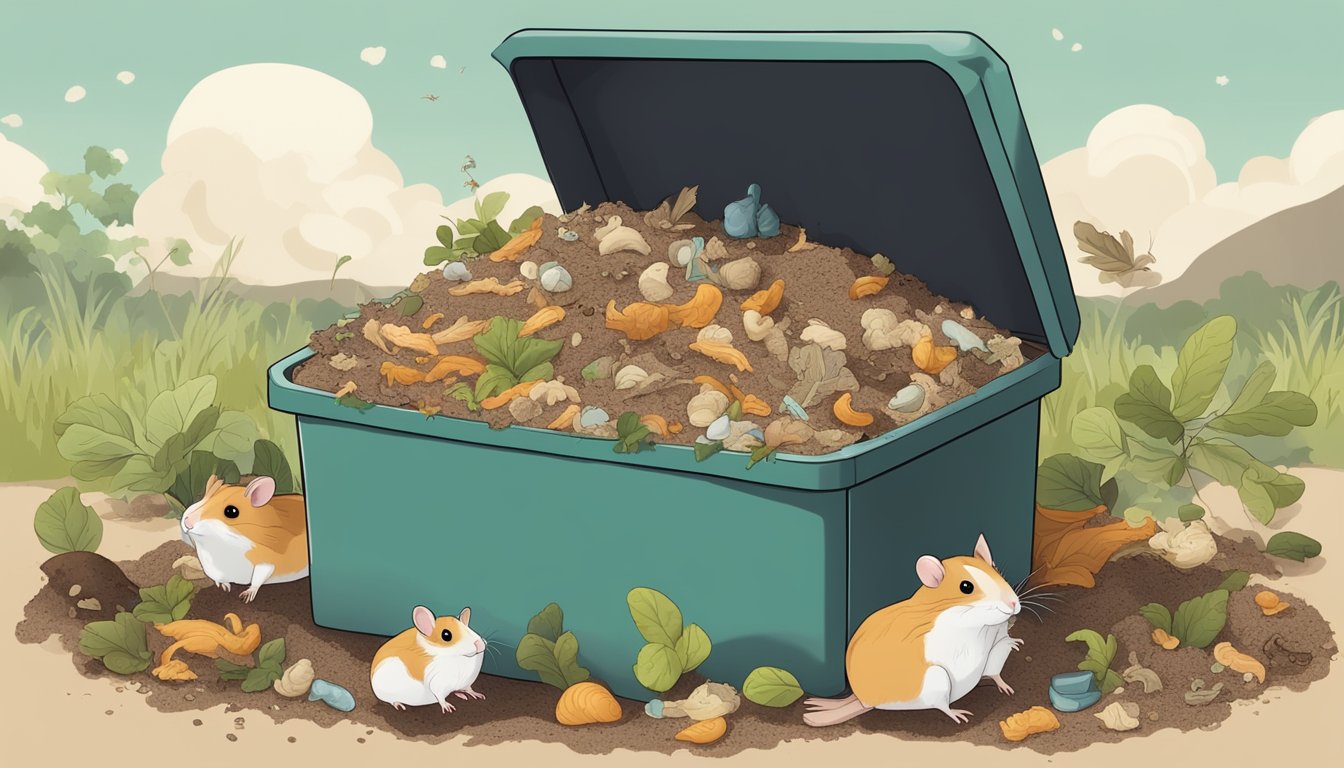 A pile of hamster bedding and food scraps decomposing in a compost bin, with worms and microorganisms breaking down the organic material