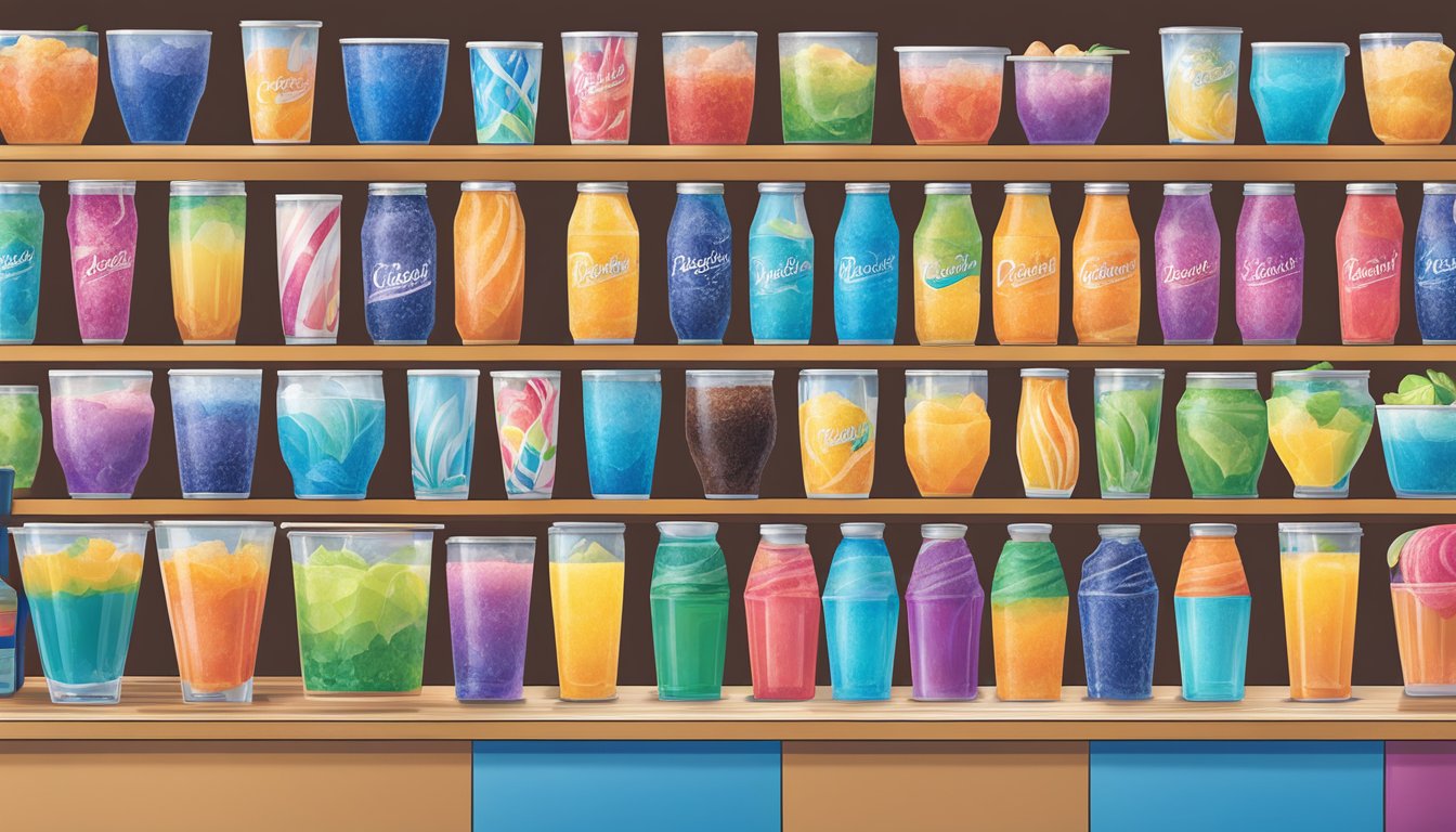 A vibrant display of colorful, freshly made specialty drinks at a Dutch Bros counter