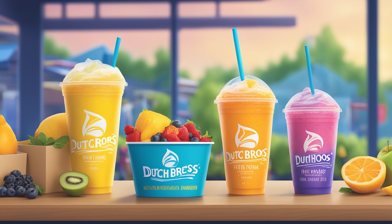 A colorful display of fruit smoothies and iced teas at Dutch Bros, with fresh ingredients and vibrant packaging