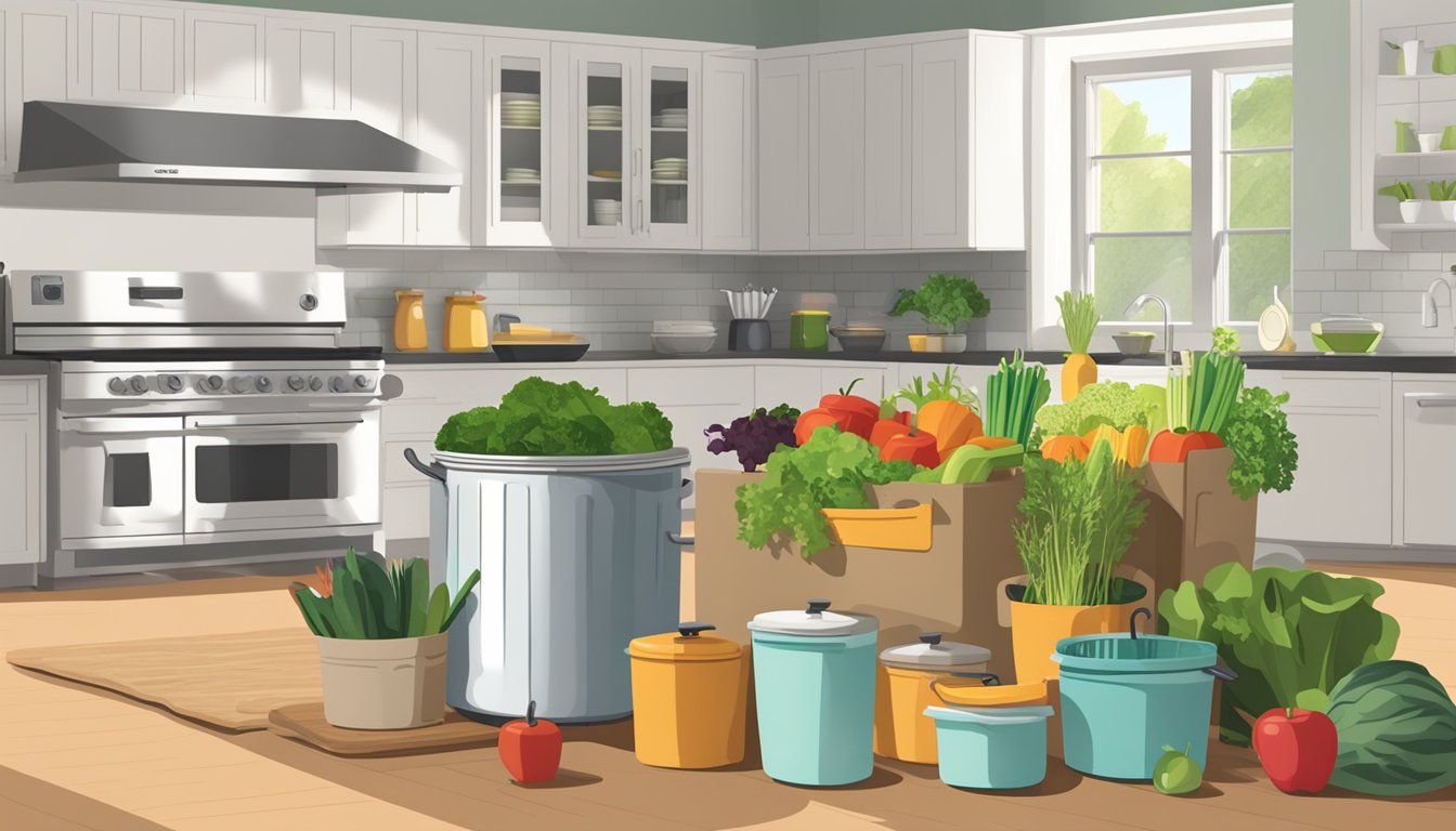 A kitchen filled with eco-friendly cookware, fresh produce, and reusable containers. A compost bin sits nearby