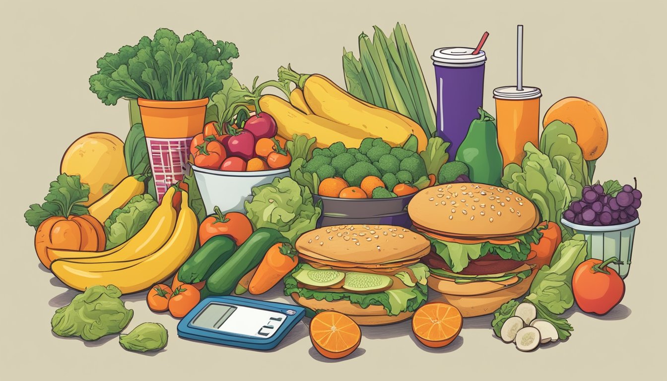 A colorful spread of fresh fruits and vegetables contrasted with greasy fast food items from Popeyes. A scale and measuring tape nearby suggest health considerations