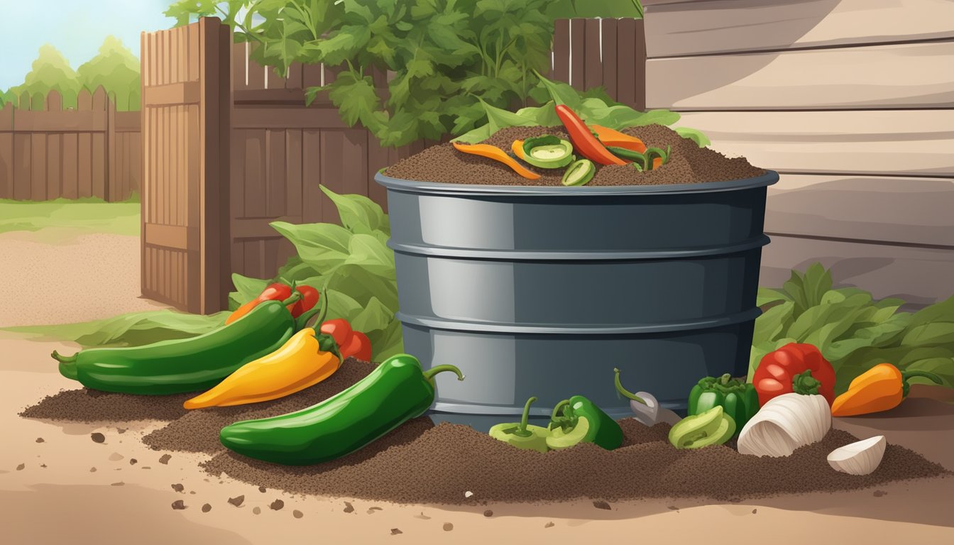 A pile of compostable materials, including food scraps and jalapenos, surrounded by a compost bin or heap in a backyard or garden setting