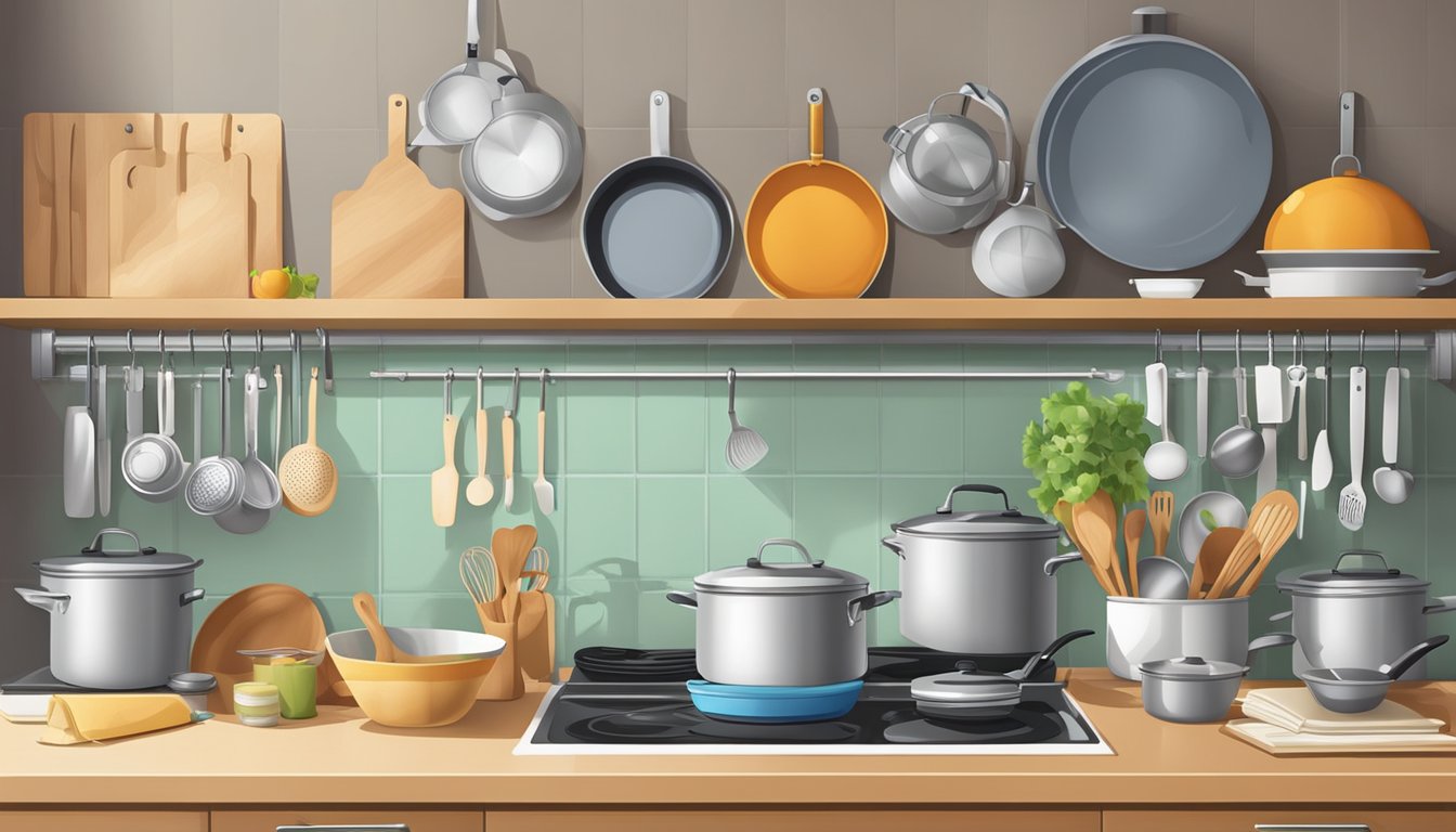 A clean, organized kitchen with various cookware and utensils displayed. A chef's hat and apron hang neatly on a hook. A stack of healthy recipe books sits on the counter