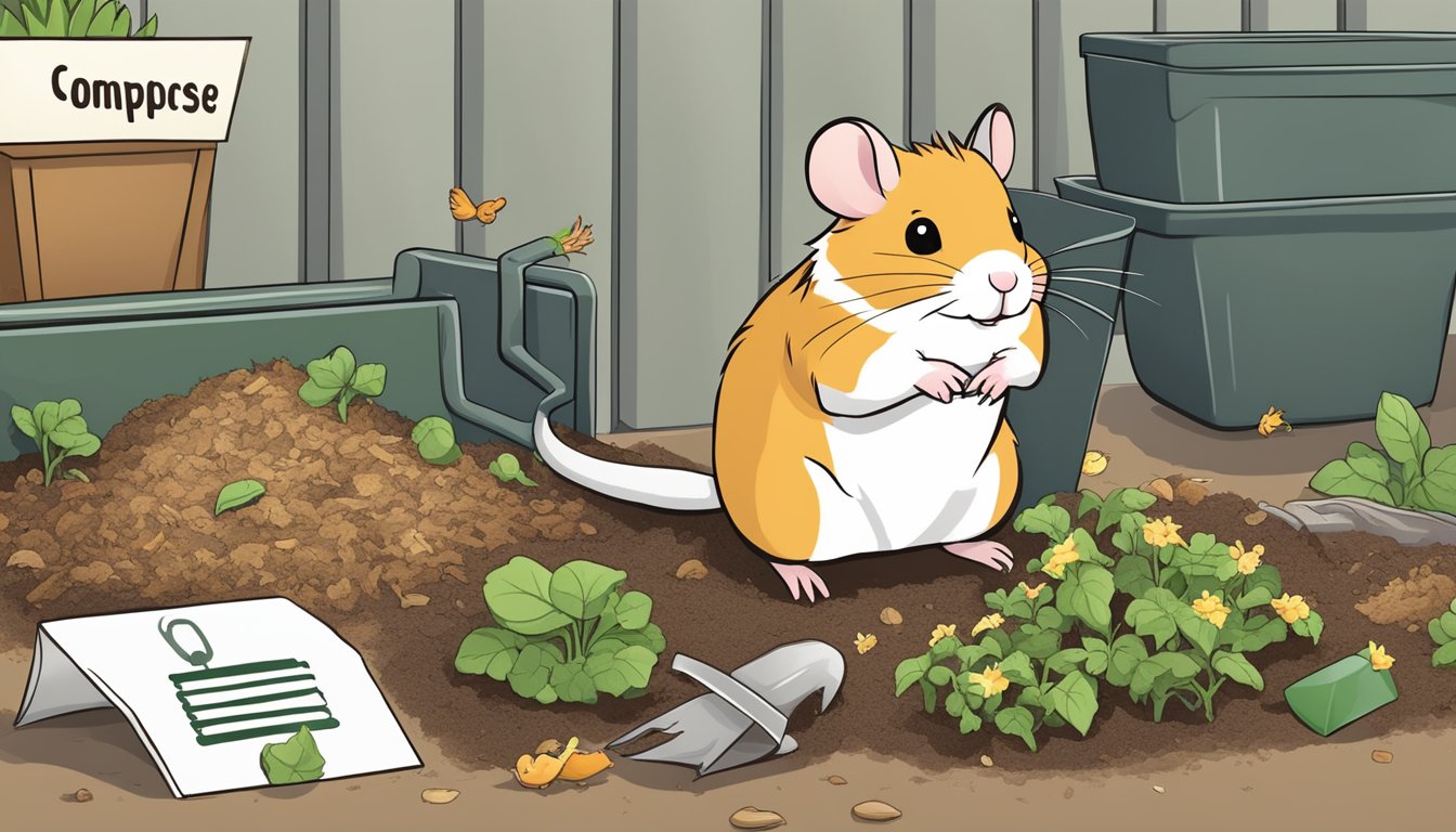 A hamster bedding is being placed into a compost bin alongside other organic waste, with a small sign indicating it is suitable for composting