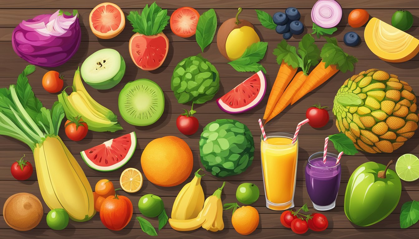 A colorful array of fresh fruits and vegetables arranged on a wooden table, surrounded by vibrant smoothie and juice options