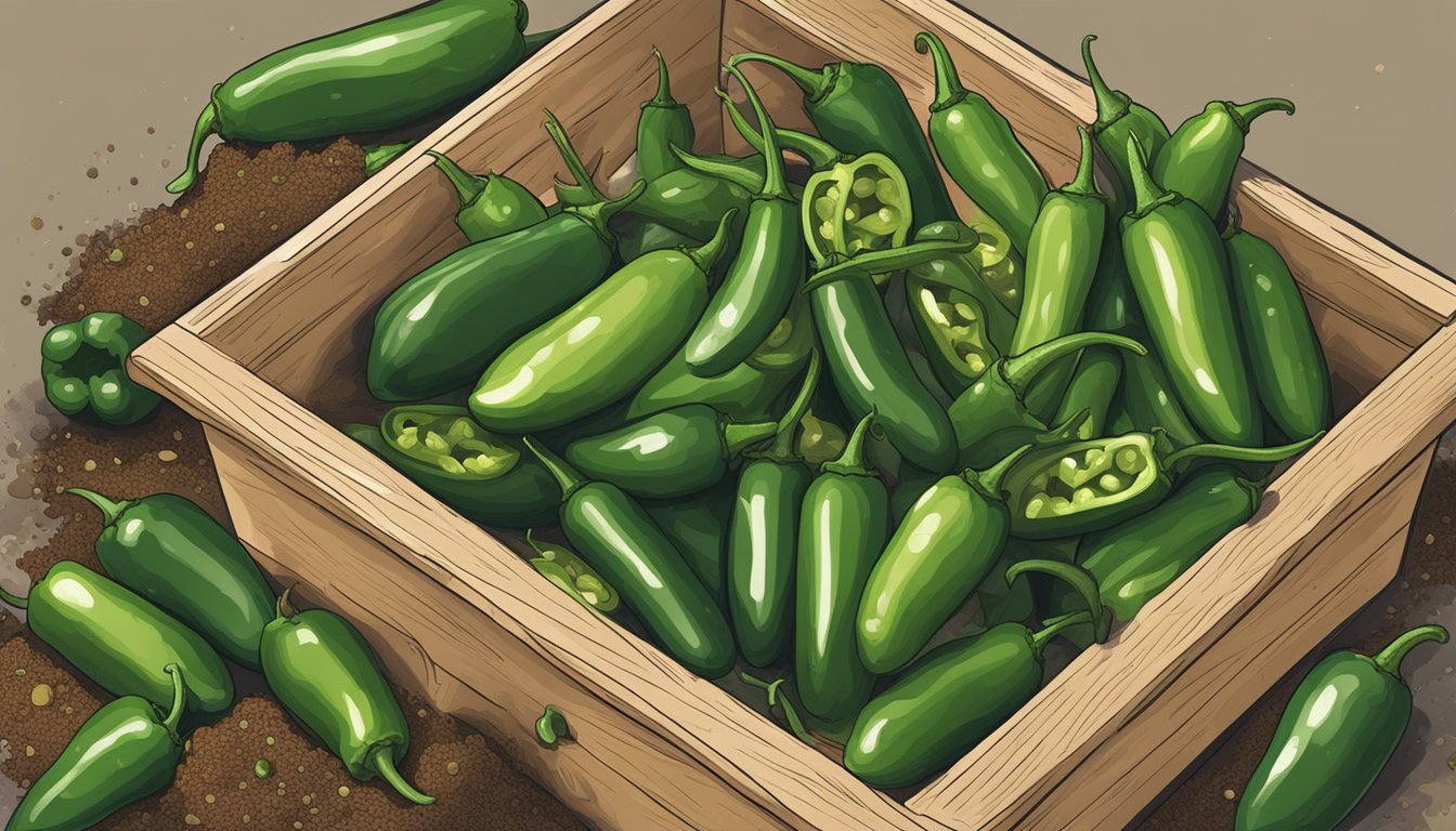 A pile of jalapeno peppers and other organic materials being mixed together in a compost bin