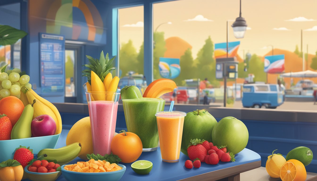 A colorful array of fresh fruits, vegetables, and smoothie ingredients displayed on a vibrant backdrop at Dutch Bros