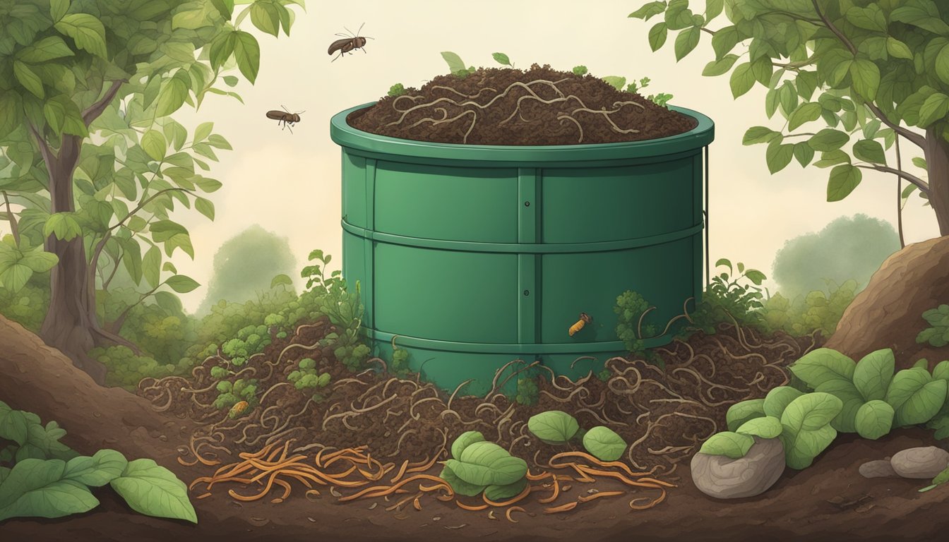 A compost bin filled with hedge trimmings surrounded by earthworms and microorganisms breaking down the organic material