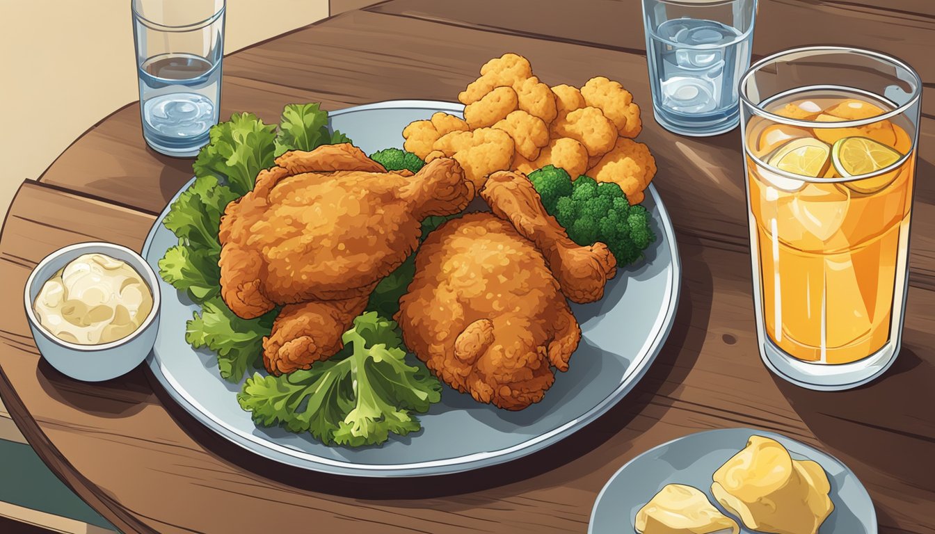 A table with fried chicken, biscuits, and soda next to a plate of fresh vegetables and a glass of water