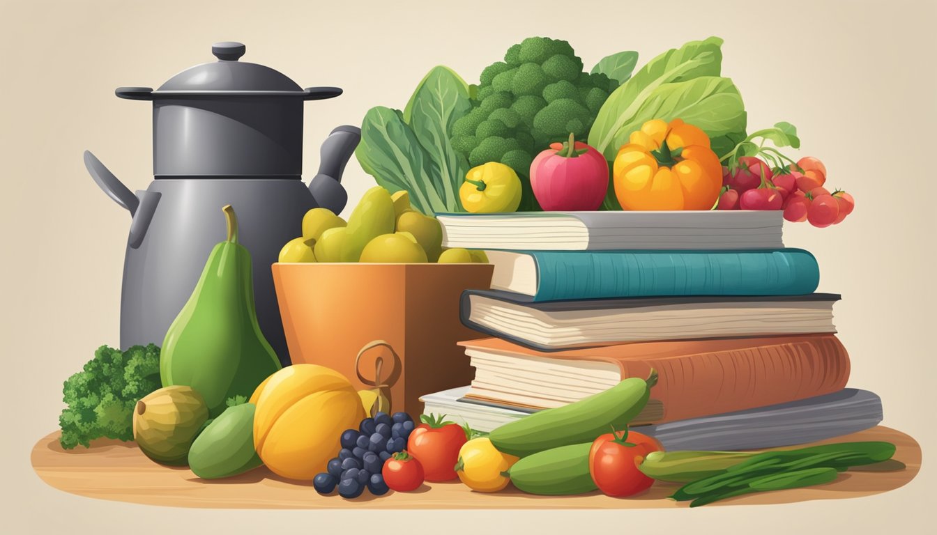 A colorful kitchen filled with fresh fruits, vegetables, and a variety of cookware. A chef's hat sits on a countertop next to a stack of healthy cookbooks