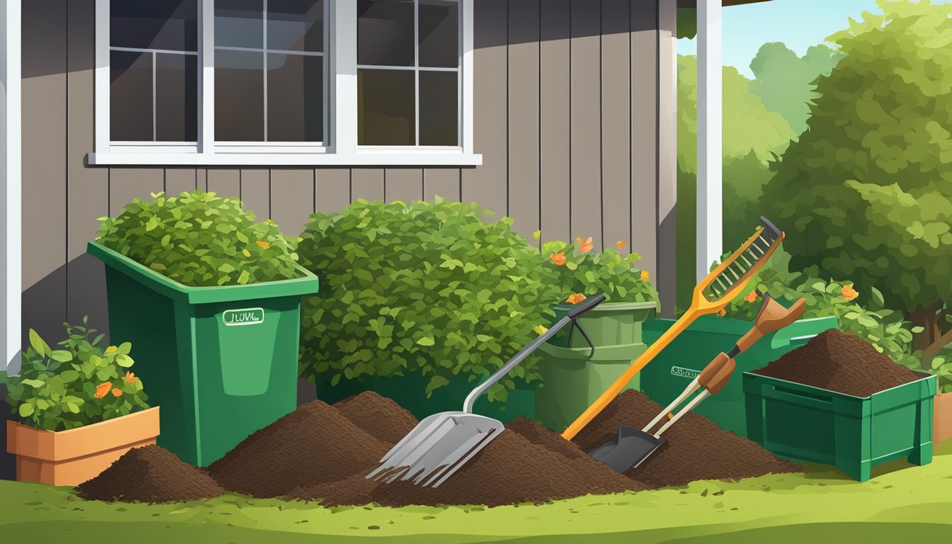 A pile of hedge trimmings is surrounded by a compost bin and gardening tools in a backyard. The trimmings are being mixed with other organic waste to create compost