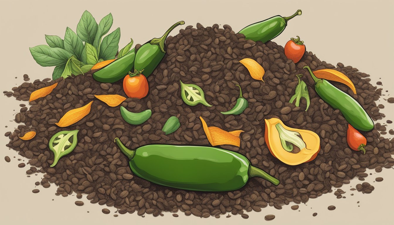 Jalapenos being added to a compost pile, alongside other organic materials like fruit peels and coffee grounds, creating a diverse compost composition