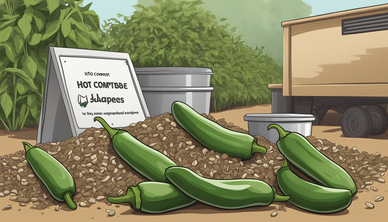 A pile of jalapenos surrounded by compostable materials, with arrows pointing to a compost bin labeled "Hot Compost" next to a sign listing acceptable items