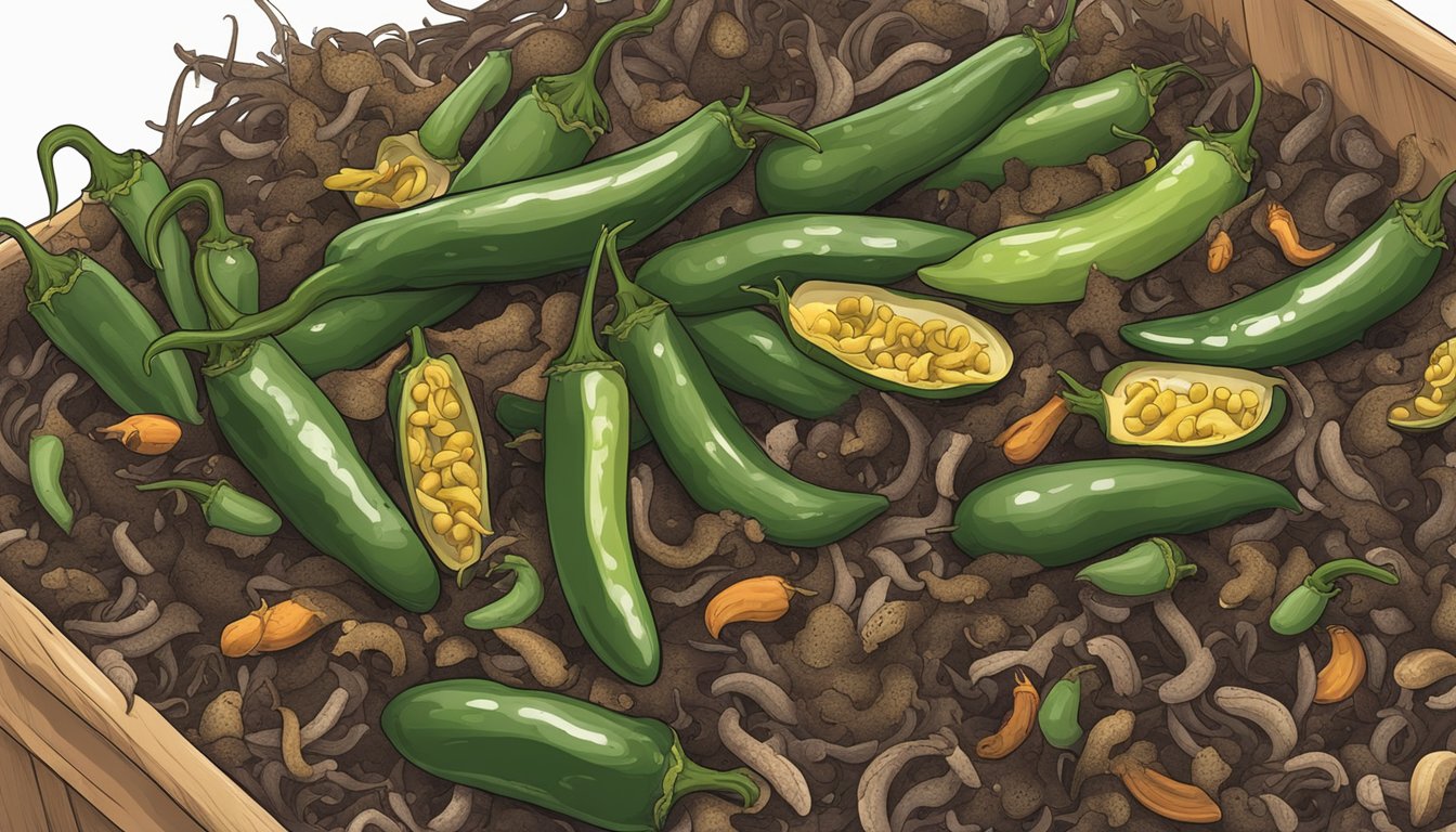 A pile of jalapeno scraps and organic matter decomposing in a compost bin, surrounded by earthworms and other decomposers