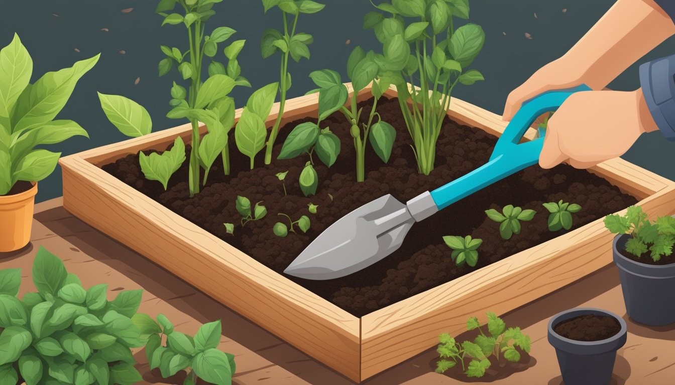 A garden bed with jalapeno compost being mixed into the soil, surrounded by various gardening tools and plants