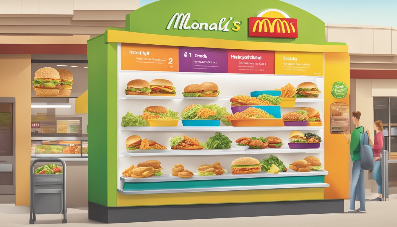 A colorful menu board displaying various healthy options at McDonald's